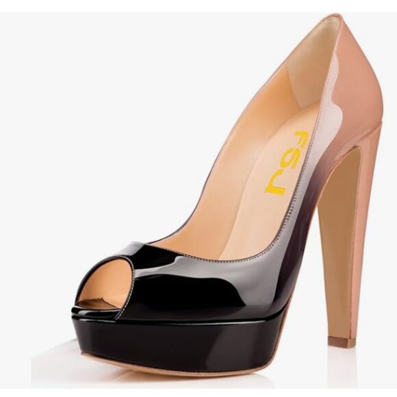 FSJ Nude Black Sexy Chunky High Heels Platform Pumps Peep Toe Slide Dress Shoes - Picture 1 of 8